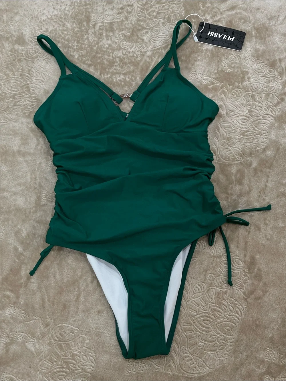 NWT Size M Pulassi Women’s Green V-Neck One-Piece Tummy Control Swimsuit